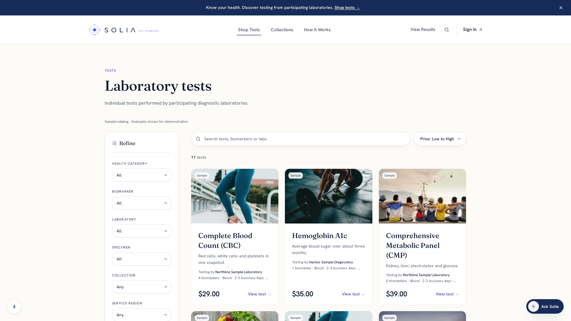 Current Solia On Demand test catalog with laboratory, price, specimen, turnaround, collection and refine controls