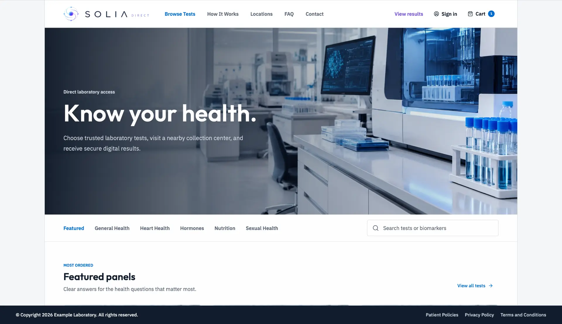 Current Solia DTC storefront showing the branded homepage, testing categories and search