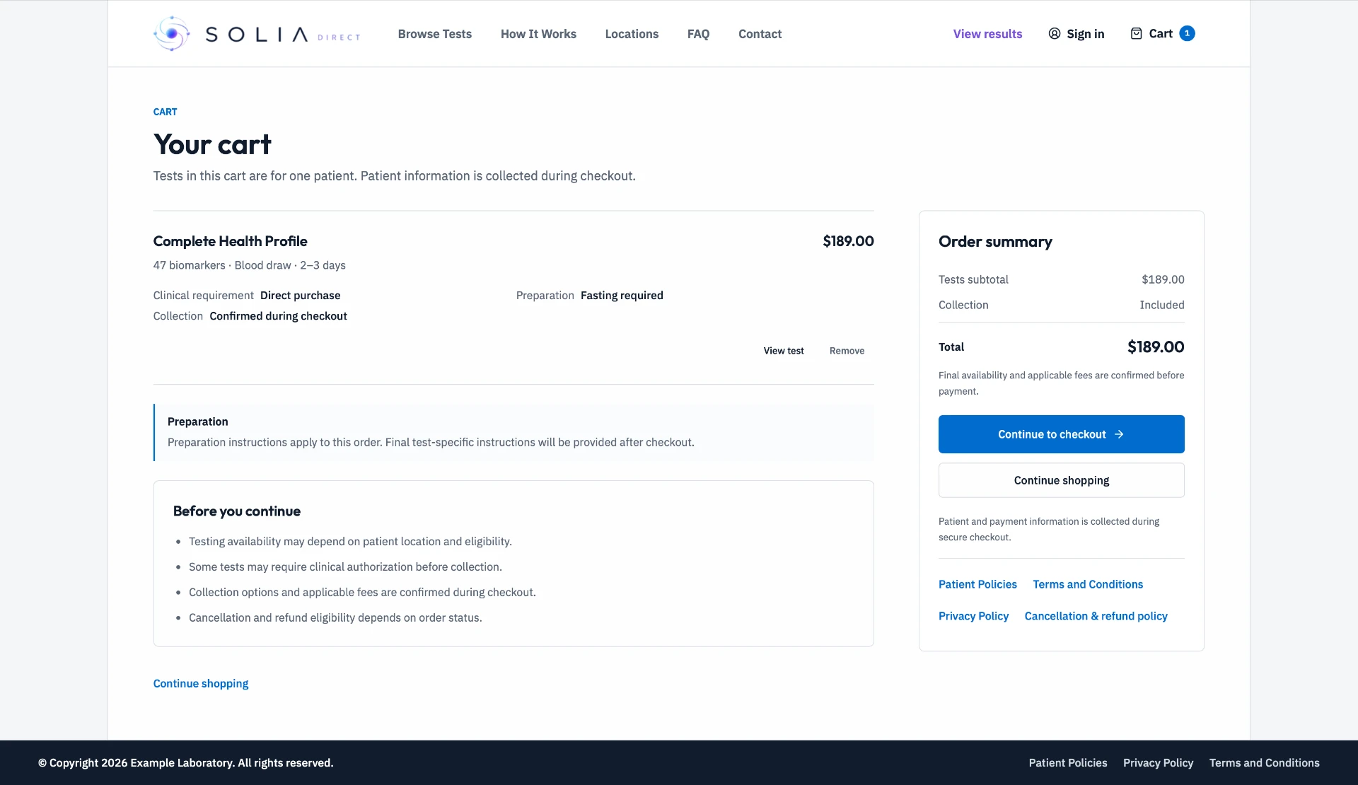 Current Solia DTC cart showing test details, preparation guidance, order summary, policy links, and checkout action