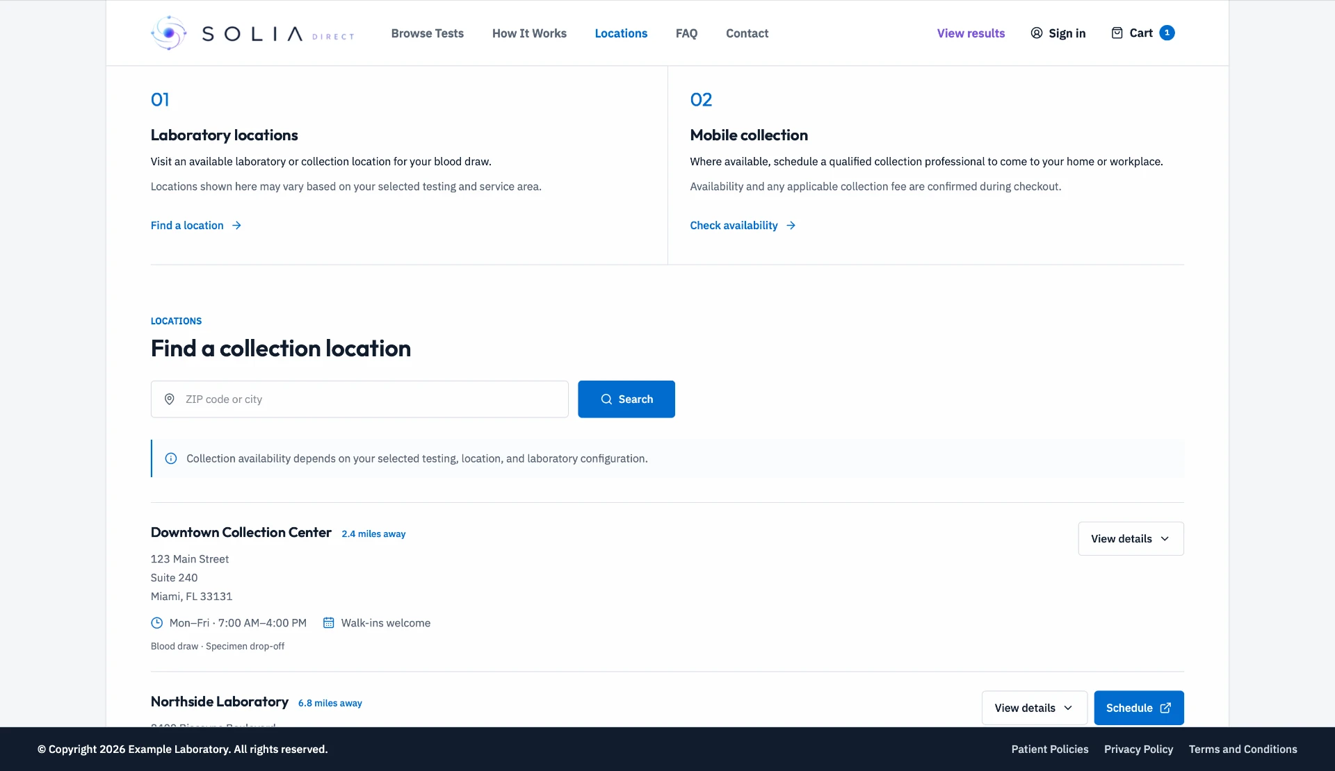 Current Solia DTC locations page showing laboratory locations, mobile collection and collection search
