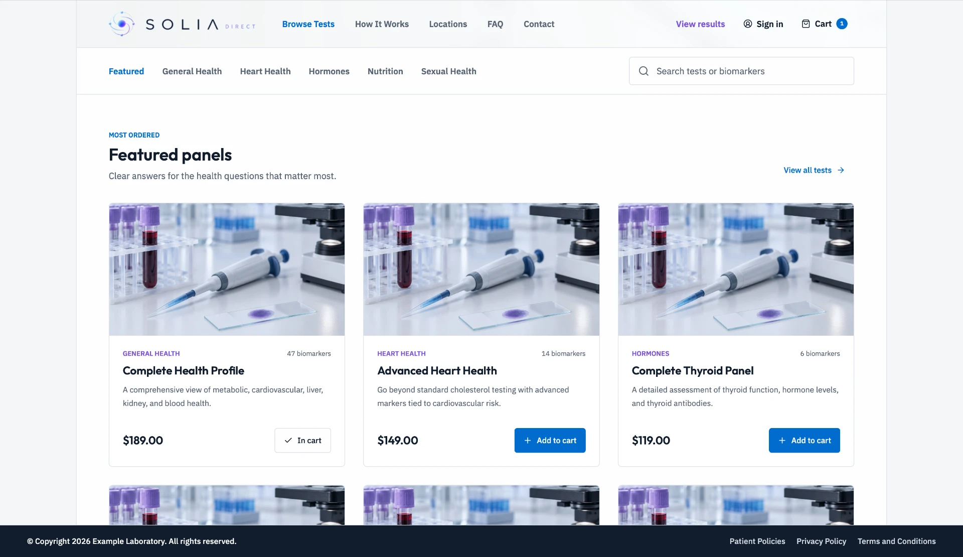 Current Solia DTC storefront showing featured test panels, categories, biomarker counts, pricing and add-to-cart controls