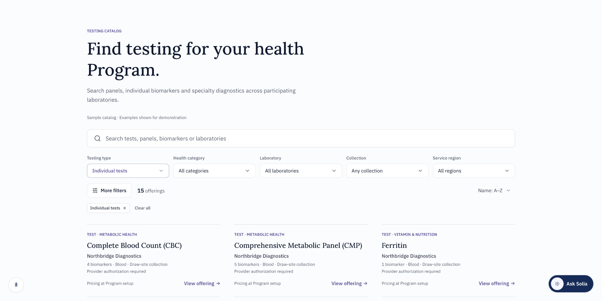 Solia On Demand testing catalog: search panels, individual biomarkers and specialty diagnostics across participating laboratories