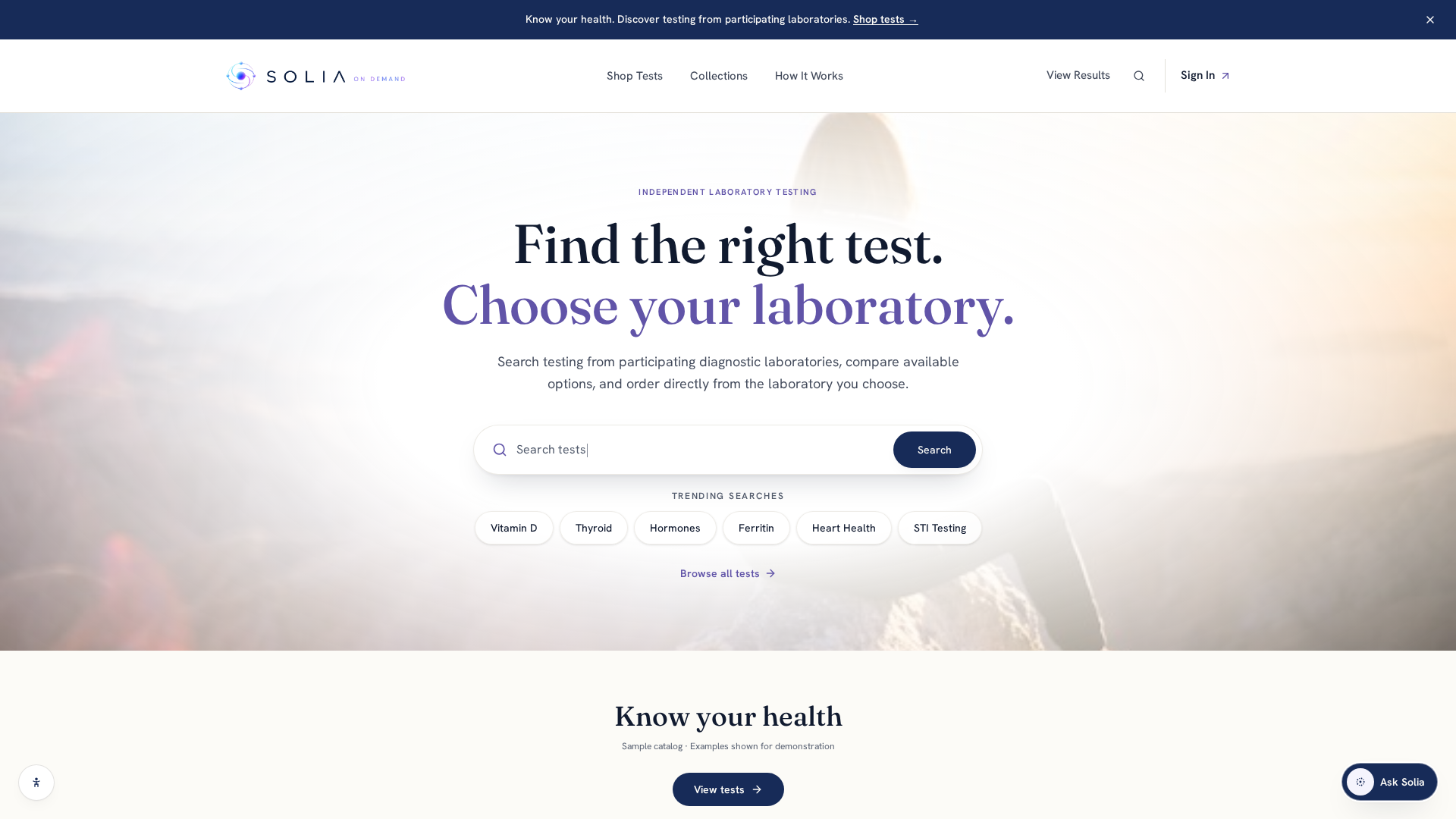Solia On Demand discovery experience showing test search and laboratory choice