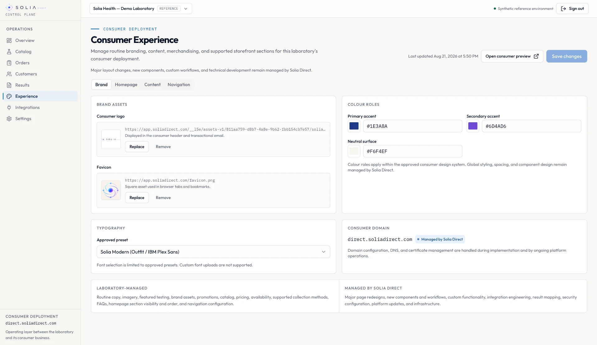 Solia Control Plane Experience — brand and consumer configuration