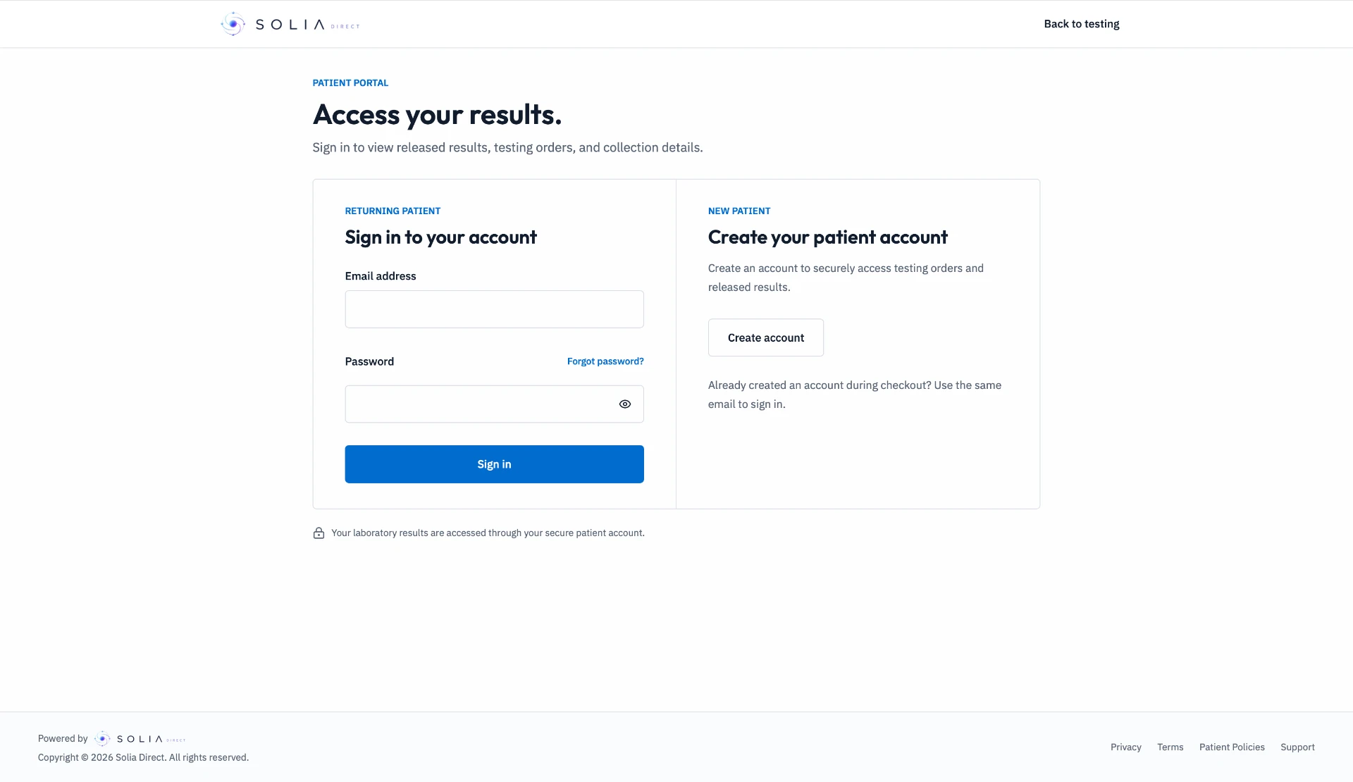 Solia Patient Portal interface shell showing the planned access screen for returning and new patients