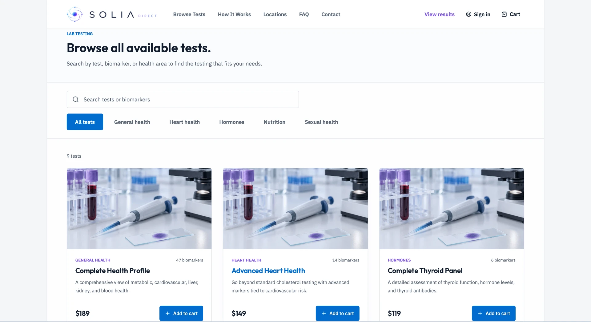 Solia Direct consumer test catalog with search, categories, and available laboratory tests