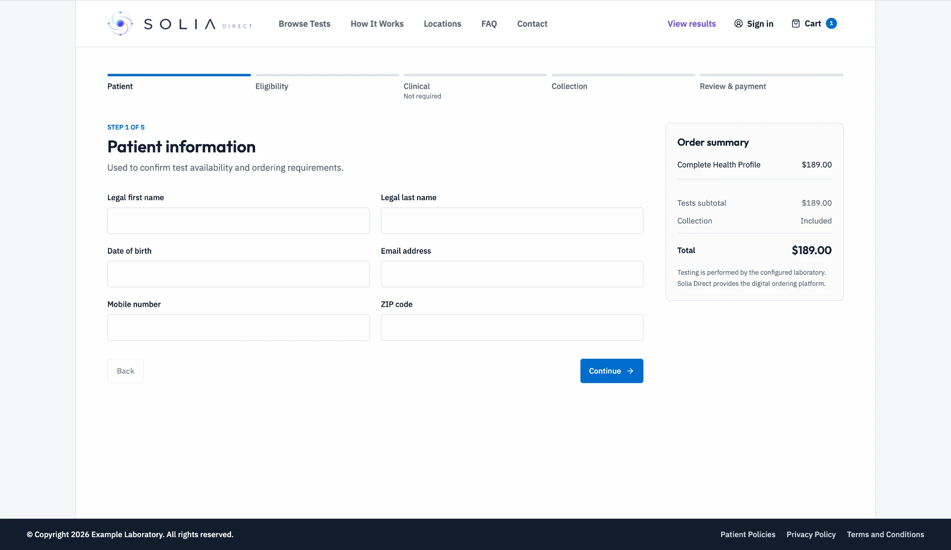 Current Solia DTC checkout showing patient information, eligibility, clinical, collection, and review and payment steps